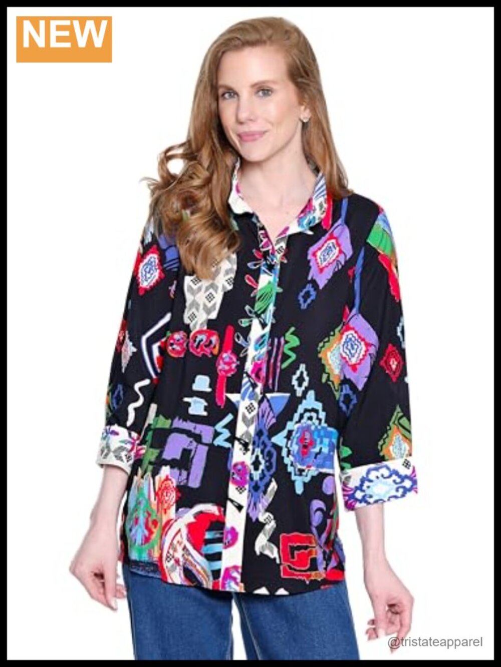 Woven Button Front Blouse for Women 85% Rayon 15% Nylon 3/4 Sleeve